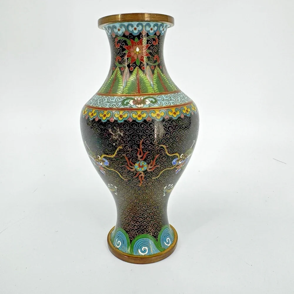 Chinese Cloisonné Floral Vase Double Dragon Black Enameled 6” Vintage Brass Edge